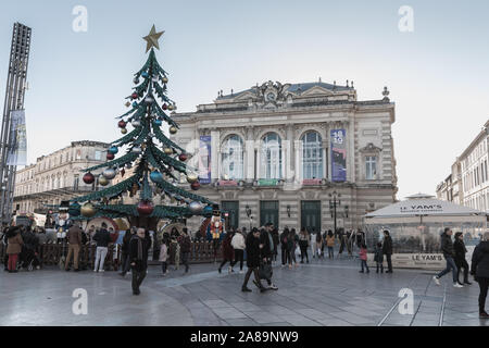 Montpellier, France - January 2, 2019: Street atmosphere in front of the Montpellier Opera Orchestra Montpellier Occitanie decorated for Christmas on Stock Photo