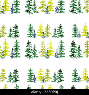 Seamless pattern with watercolor conifer trees. To design and decor backgrounds, banners, flyers. Stock Photo