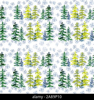 Seamless pattern with watercolor conifer trees and blue snowflakes. To design and decor backgrounds, banners, flyers. Stock Photo