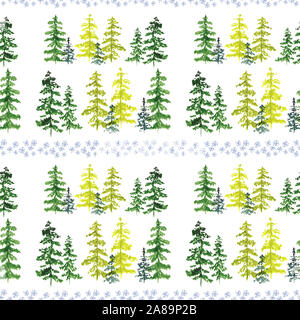 Seamless pattern with watercolor conifer trees and blue snowflakes. To design and decor backgrounds, banners, flyers. Stock Photo