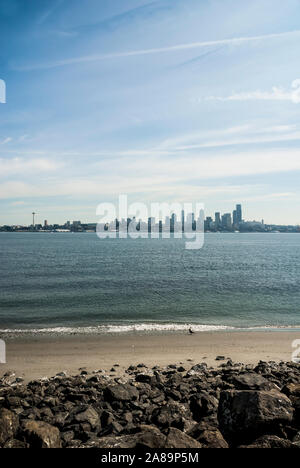 View of Seattle skyline from Alki Beach in West Seattle, Washington State.