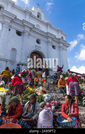 Sunday is market day in Chichicastenango, Guatemala.  The market is held in front of the Church of Santo Tomas, a colonial church built about 1545 A.D. Stock Photo