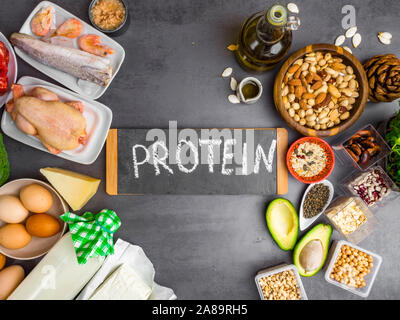 Healthy Ingredients for protein diet, foods natural protein source Stock Photo