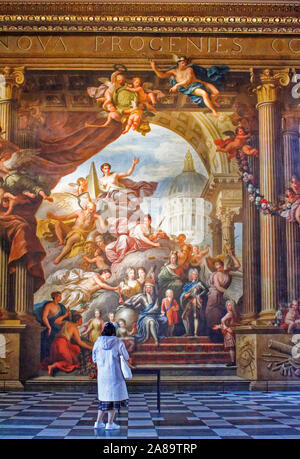 LONDON GREENWICH OLD ROYAL NAVAL COLLEGE PAINTED HALL THE WEST WALL A MASTERPIECE BY PAINTER JAMES THORNHILL Stock Photo