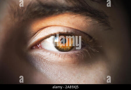 The bright orange eye and eyebrow of a dark-haired man, illuminated by sunlight. Stock Photo