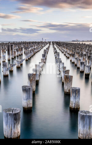Original pylons, circa 1912 of Princess Pier in Port Melbourne. Melbourne, Australia. Stock Photo