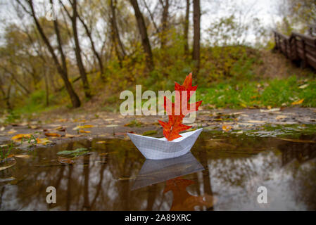 A ship made of notebook paper with a red oak leaf instead of a sail is reflected in a puddle  Stock Photo