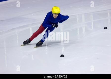 BELGRADE, SERBIA DECEMBER 06, 2015: Unidentified speed skater on the Junior short track speed skating championship - Serbia open, December 06, 2015. Stock Photo