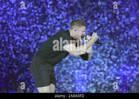 Rio de Janeiro, Brazil, October 6, 2019. Lead singer Dan Reynolds of the indie rock band Imagine Dragons during a concert at Rock in Rio 2019 in Rio. Stock Photo