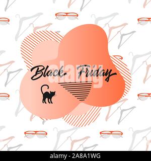 Seamless pattern with hangers, glasses and inscription Black Friday. Sale background. Price reduction advert. Purchase Discount promo layout Advertisi Stock Vector