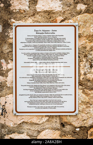 Interpretive sign at St Stephen Church, Zaton, Dalmatian Coast, Croatia Stock Photo