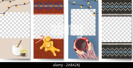 Vector set of Knitted Christmas social media stories design templates, party  background / banners, 2020 new year greeting cards, mobile story Stock Vector