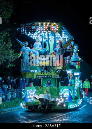 Burnham-on-Sea, Somerset, England, 4th November 2019. Float taking part in the 73rd Highbridge and Burnham-on-Sea carnival. Roads were closed to traffic and the procession of floats and other exhibits took two hours to complete the route through the town. Stock Photo