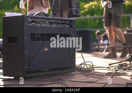 Back of a guitar amp on the stage Stock Photo