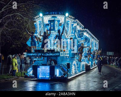 Burnham-on-Sea, Somerset, England, 4th November 2019. Float taking part in the 73rd Highbridge and Burnham-on-Sea carnival. Roads were closed to traffic and the procession of floats and other exhibits took two hours to complete the route through the town. Stock Photo