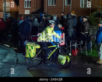Burnham-on-Sea, Somerset, England, 4th November 2019. Female St John Ambulance Cycle Response Unit attending the 73rd Highbridge and Burnham-on-Sea carnival. Roads were closed to traffic and the procession of floats and other exhibits took two hours to complete the route through the town. Stock Photo