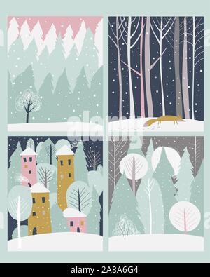 Set of winter lanscape in flat style Stock Vector