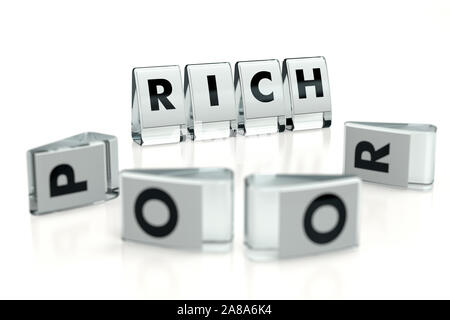 RICH word written on glossy blocks and fallen over blurry blocks with POOR letters. It's better to be rich than poor - concept. Illustration for artic Stock Photo