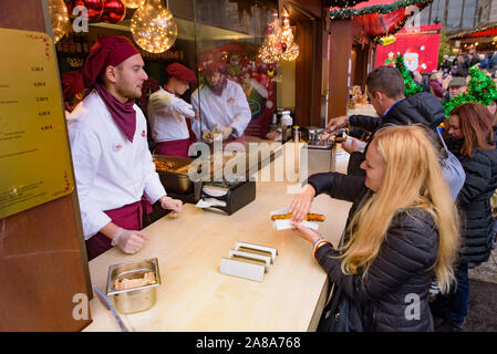 The food stalls in 2018 Cologne Christmas market in Germany Stock Photo