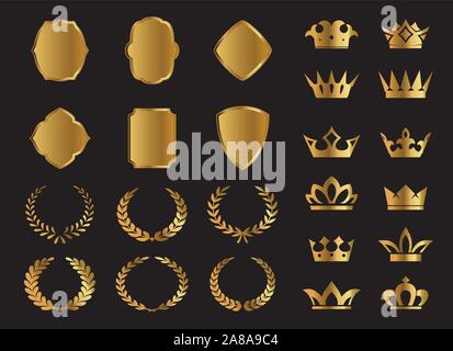 Set of vector Premium Laurel, shields and Crowns icons on black background. EPS Vector Illustration. Emblem and symbols. Stock Vector