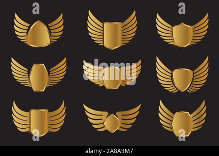 Set of golden Wings widh shield. Vector Illustration and outline Icons. Symbol of freedom. Stock Vector