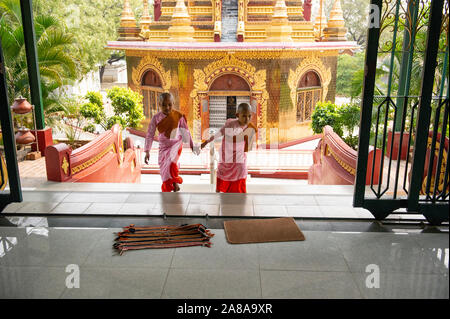 Novice nuns at the entrance to the Buddha shrine at the Sakyadhita Thilashin Nunnery School in Sagaing Myanmar Burma Stock Photo