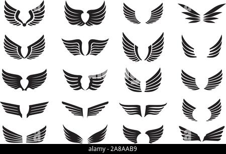 Set of black Wings. Vector Illustration and outline Icons. Symbol of freedom. Stock Vector
