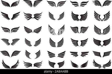 Set of black Wings. Vector Illustration and outline Icons. Symbol of freedom. Stock Vector