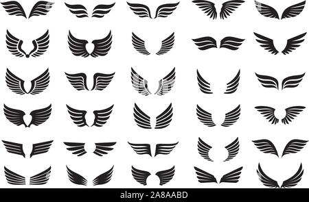 Collection of black Wings. Vector Illustration and outline Icons. Symbol of freedom. Stock Vector