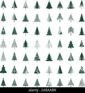 Set of green Christmas Trees. Winter season design elements and simply pictogram collection. Isolated vector xmas Icons and Illustration. Stock Vector