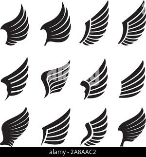 Set of Black Wings. Vector Illustration and outline Icons. Symbol of freedom. Stock Vector