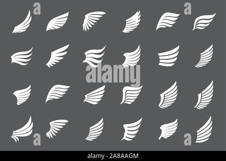 Set of white Wings on grey background. Vector Illustration and outline Icons. Symbol of freedom. Stock Vector