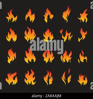 Big Collection of Fire and Flame icons on black background. Vector Illustration and graphic outline elements. Stock Vector