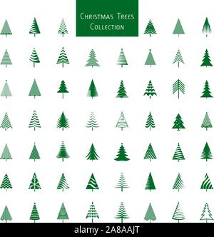 Set of green Christmas Trees. Winter season design elements and simply pictogram collection. Isolated vector xmas Icons and Illustration. Stock Vector