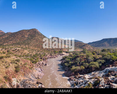 aerial landscape Epupa Falls, Kunene River in Northern Namibia and Southern Angola border. Beautiful landscape, Africa wilderness Stock Photo
