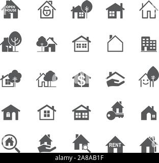 Set of grey isolated house icons on white background. Buildings line icons. Vector Illustration. Stock Vector