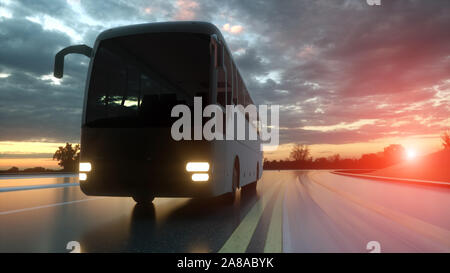 Touristic bus on highway. Transport and travel concept. 3d rendering. Stock Photo