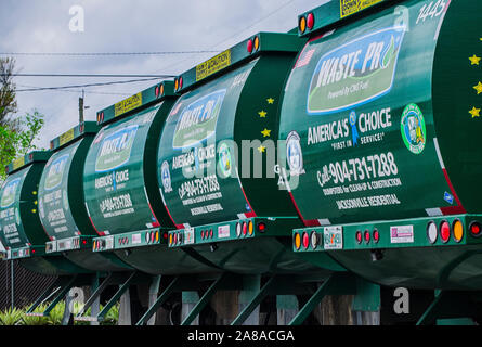 CNG-powered (compressed natural gas) Mack trucks line up at Waste Pro’s time-fill station, March 19, 2016, in Jacksonville, Florida. Stock Photo