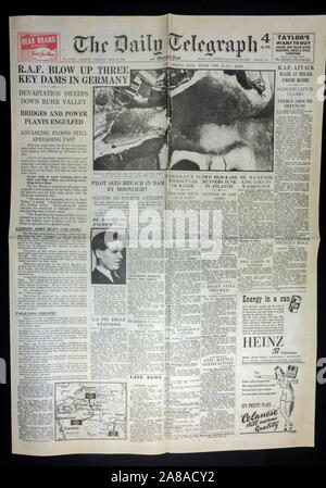 The front page of the Daily Telegraph (replica), 18th May 1943, the day after the Dam Busters raid. Stock Photo