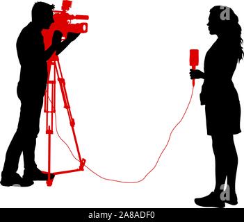 Silhouette operator removes journalist with microphone on a white background. Stock Vector