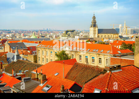 Aerial cityscape with red tiled rooftops, Brussels, Belgium Stock Photo