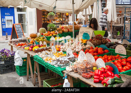 Fresh fruit and vegetables for sale on a market stall in the French town of Carcassonne France Stock Photo