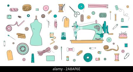 Color set of objects for sewing, handicraft. Sewing tools and sewing kit and equipment, needle, sewing machine, sewing pin, yarn. vector set. Stock Vector