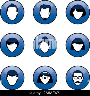 Set of blue buttons for web. Human heads and silhuettes. Interpersonal ralations and communication. Social media. Vector outline Illustration and icon Stock Vector