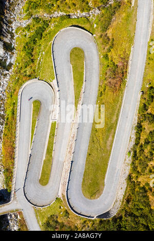 Aerial view of the Tremola San Gottardo road, Passo del San Gottardo, Airolo, Leventina district, Canton Ticino, Switzerland.