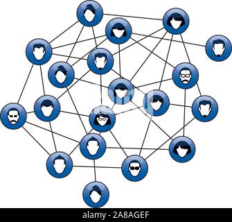 Set of blue buttons for web. Human heads and silhuettes. Interpersonal ralations and communication. Vector outline Illustration and icons. Stock Vector