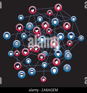 Set of blue buttons for web. Human heads and silhouettes. Interpersonal relations and communication. Vector outline Illustration and icons. Stock Vector