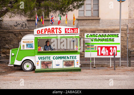 Old Citroen van converted to take bookings for trips on the canal du Midi in the French town of Carcassonne France Stock Photo