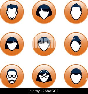 Set of orange buttons for web. Human heads and silhouettes. Interpersonal relations and communication. Vector outline Illustration and icons. Stock Vector
