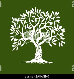White Olive Tree on green background. Vector Illustration and concept pictogram. Plant in garden. Stock Vector